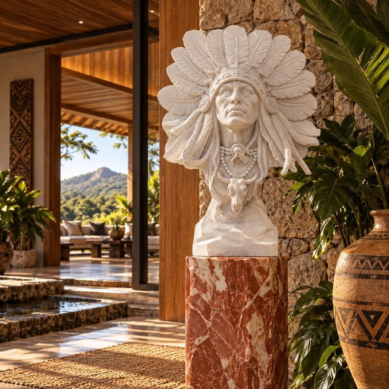 imagem do produto Busto Cacique em M�rmore Branco 72cm BMP059 Escultura Cl�ssica e Sofisticada