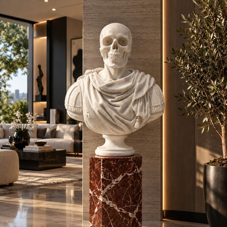 imagem do produto Busto Caveira em M�rmore Branco 81cm BMP057  Escultura Premium para Ambientes Sofisticados