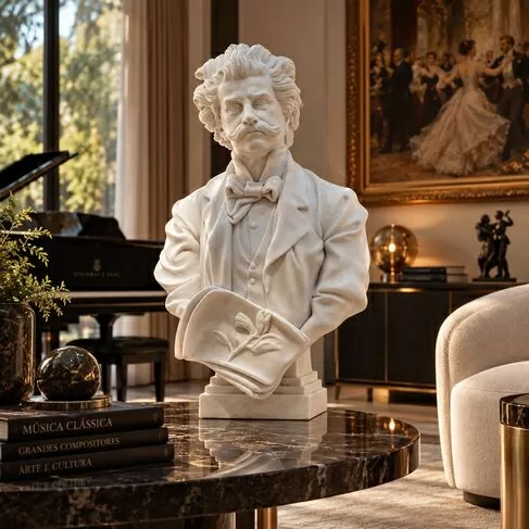 imagem de Busto Johann Strauss em Mármore Branco 56cm BMP068 Escultura Clássica Sofisticada