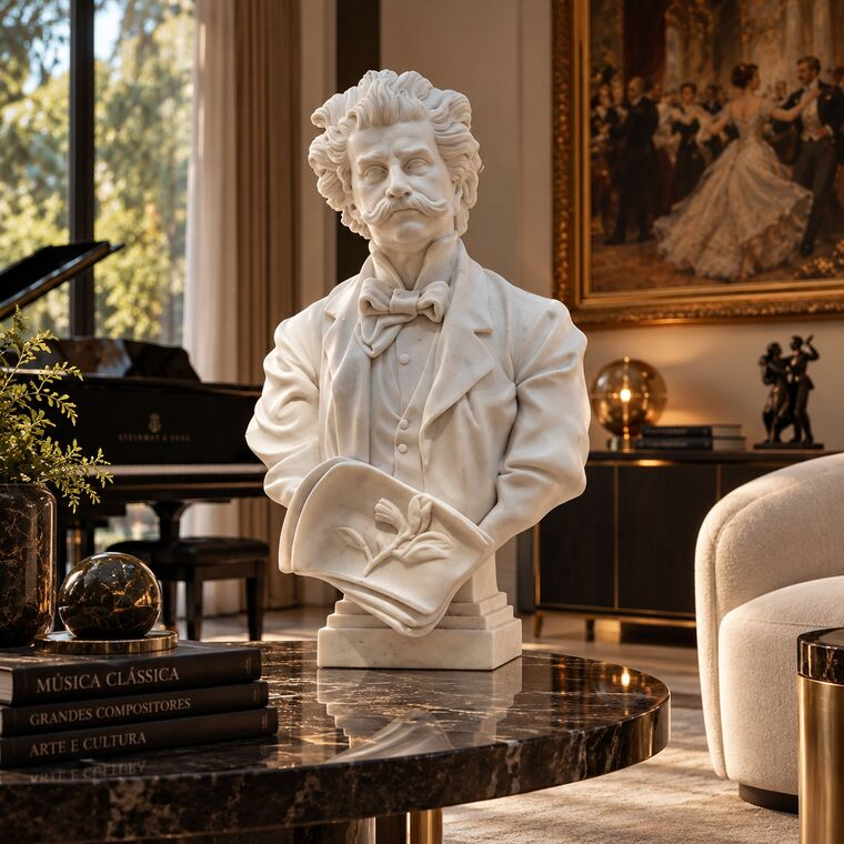 imagem do produto Busto Johann Strauss em M�rmore Branco 56cm BMP068 Escultura Cl�ssica Sofisticada
