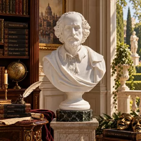 imagem de Busto William Shakespeare em Mármore Branco 83cm BMP060 Escultura Clássica Sofisticada