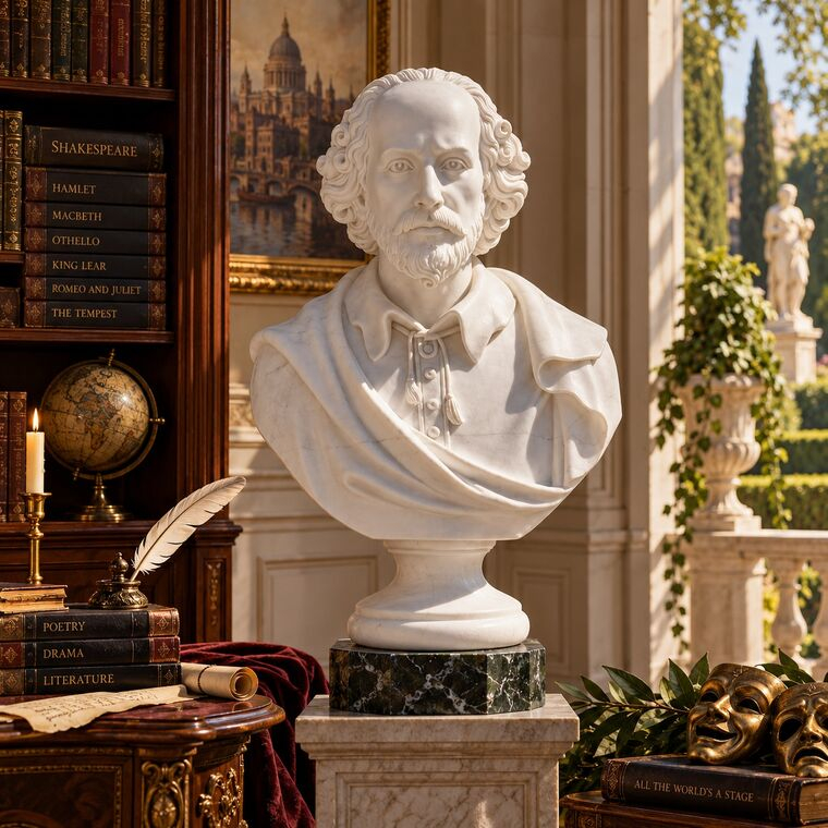 imagem do produto Busto William Shakespeare em M�rmore Branco 83cm BMP060 Escultura Cl�ssica Sofisticada