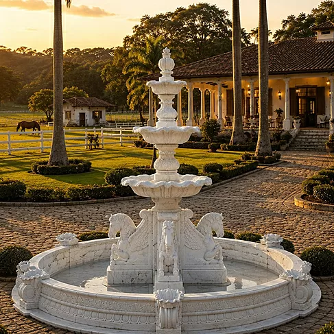 imagem de Chafariz 3 Pratos com Lago e Cavalos  Mármore 300cm - FMP210 Alto Padrão