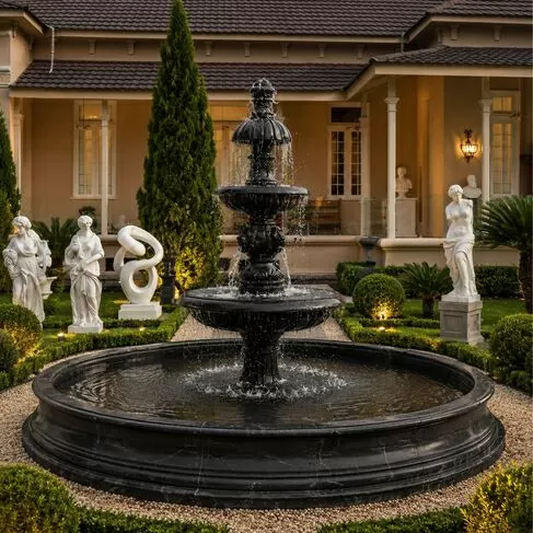 imagem de Chafariz 3 Pratos em Mármore Preto Sem Lago 230cm - FMP220 Indicado para Jardins de Luxo