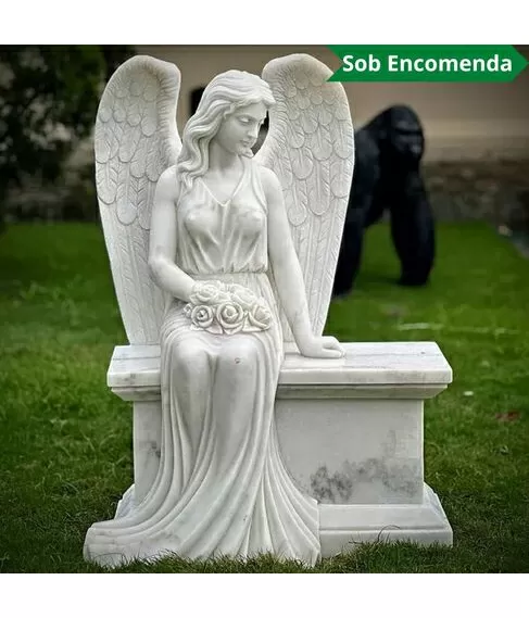 imagem de Escultura Anjo Sereno Mármore Branco 110cm - EMP747 Elegância e Sofisticação