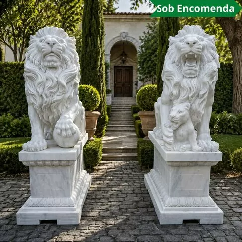imagem de Escultura de Leões com Filhote e Base em Mármore Branco - EMP452