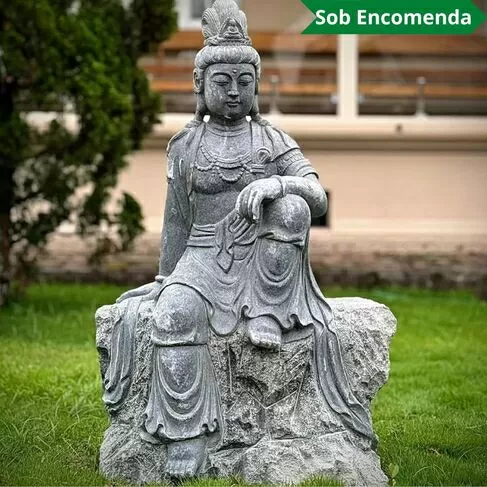 imagem de Escultura Guanyin Sentado em Mármore Verde 100cm - EMP767 Arte Oriental 