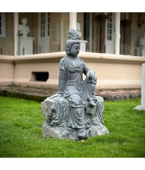 imagem de Escultura Guanyin Sentado em Mármore Verde 100cm - EMP767 | Arte Oriental Sofisticada
