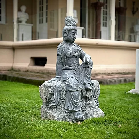 imagem de Escultura Guanyin Sentado em Mármore Verde 100cm - EMP767 Arte Oriental Sofisticada