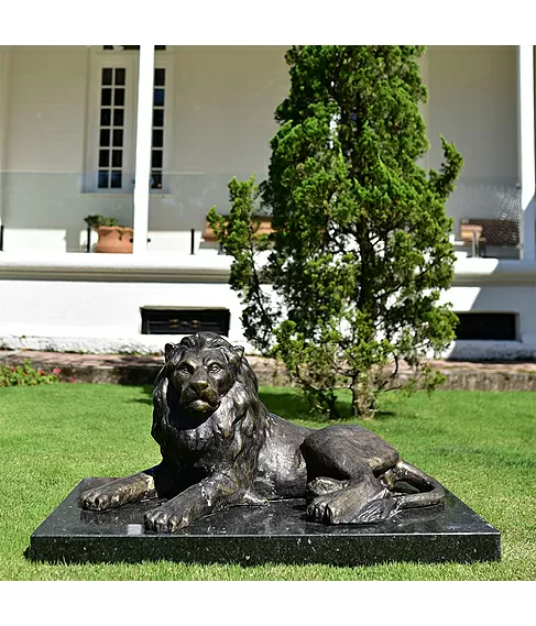 imagem de Escultura Leão Deitado com Base de Mármore 60cm - VRBZ309B