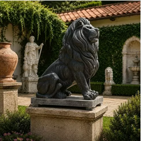 imagem de Escultura Leão Majestoso em Mármore Preto 170cm - EMP770D Projetos de Alto Padrão