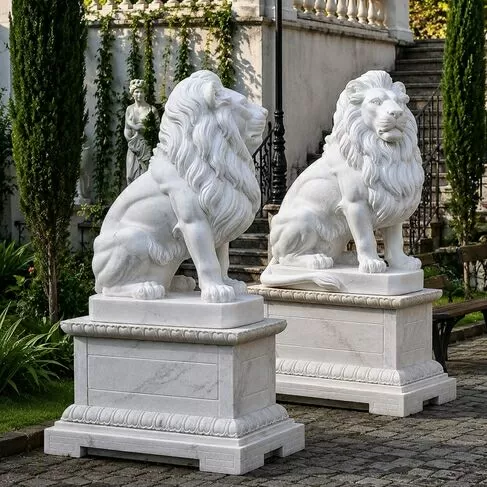 imagem de Escultura Leão Sentado em Mármore Branco 120cm EMP510 Elegância Clássica