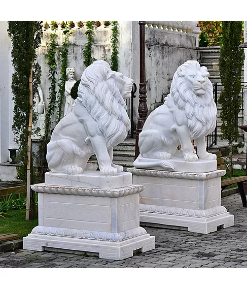 imagem de Escultura Leão Sentado Mármore Branco 120cm - EMP510