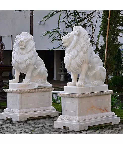 imagem de Escultura Leão Sentado Mármore Branco 120cm - EMP510