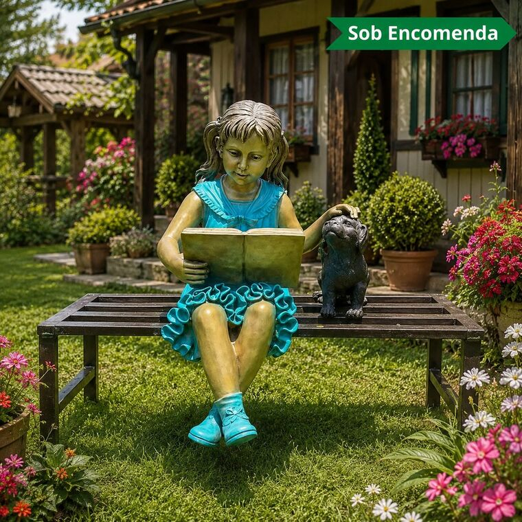 imagem do produto Escultura Menina com Cachorro no Banco em Bronze 132cm - EBZ604 Pe�a Encantadora