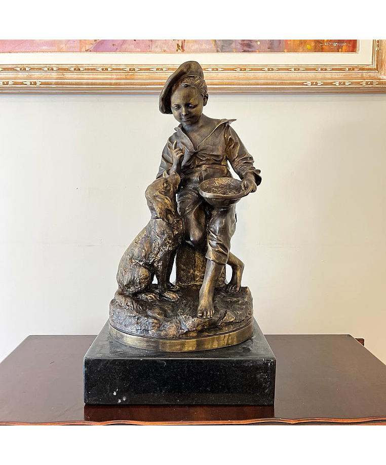 imagem do produto Escultura Menino com Cachorro em Bronze 75cm EBZ590 Encanto e Realismo