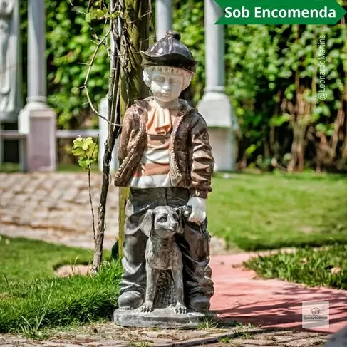 imagem de Escultura Menino e Cachorro Mármore Color 100cm - EMP761 Arte Decorativa Clássica