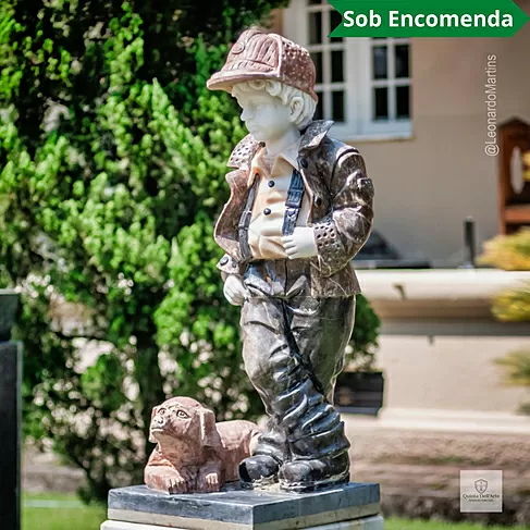 imagem de Escultura Menino e Cachorro Mármore Color 105cm - EMP762 Destaque no Paisagismo