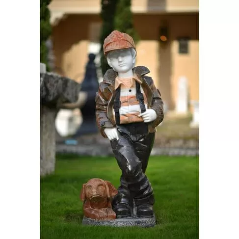 imagem de Escultura Menino e Cachorro Mármore Color 105cm - EMP762 Encanto Clássico para Paisagismo
