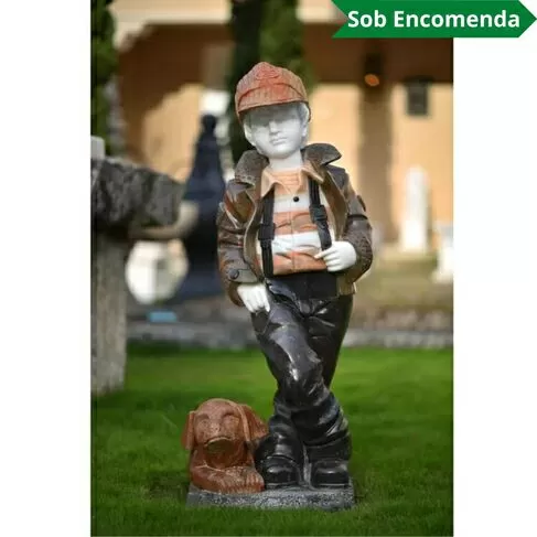 imagem de Escultura Menino e Cachorro Mármore Color 105cm - EMP762 Encanto Clássico para Paisagismo