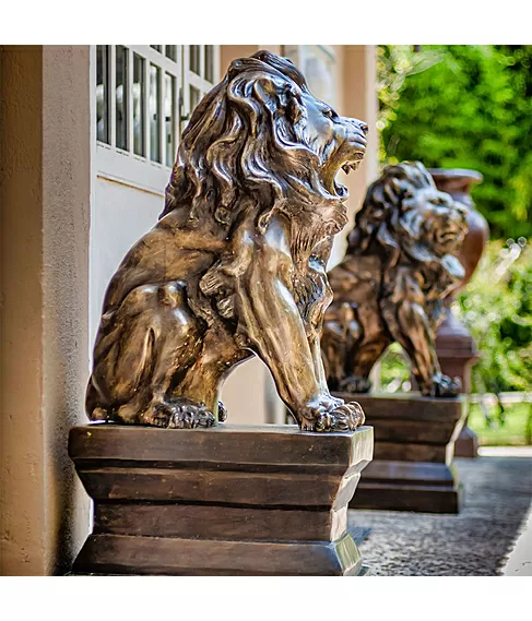 imagem de Escultura Par de Leões com Base em Bronze 120cm - EBZ608 Presença Imponente