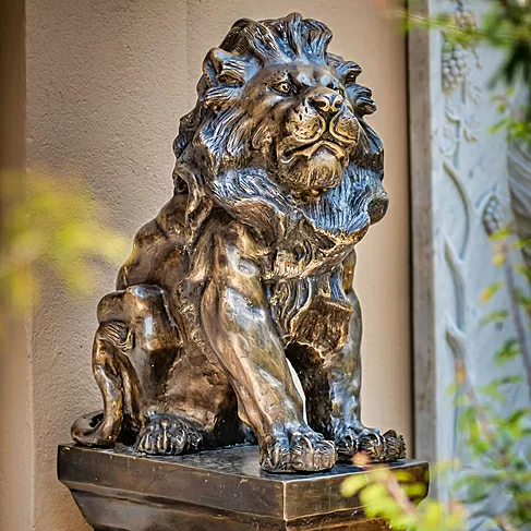 imagem de Escultura Par de Leões com Base em Bronze 120cm - EBZ608 Presença Imponente