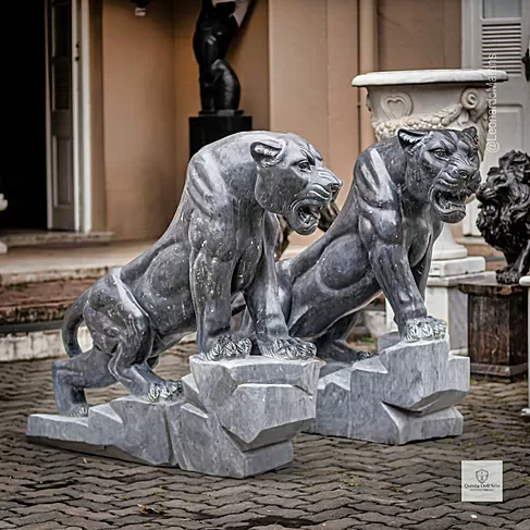 imagem de Escultura Par de Panteras em Mármore Preto 120cm EMP548 Quinta DellArte