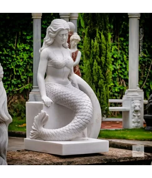 imagem de Escultura Sereia Sentada Mármore Branco 120cm - EMP769 Arte Clássica para Jardins