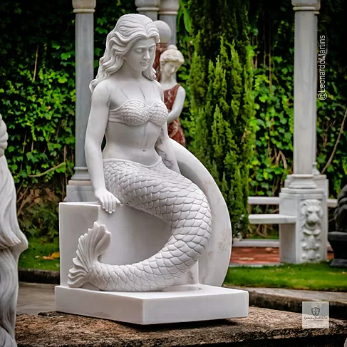 imagem de Escultura Sereia Sentada Mármore Branco 120cm - EMP769 Arte Clássica para Jardins