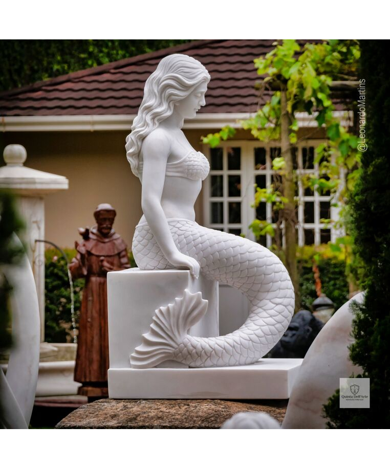imagem do produto Escultura Sereia Sentada M�rmore Branco 120cm - EMP769 Arte Cl�ssica para Jardins