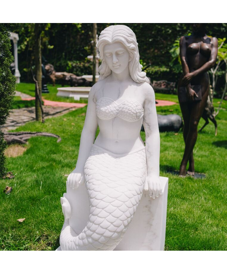 imagem do produto Escultura Sereia Sentada M�rmore Branco 120cm - EMP769 Arte Cl�ssica para Jardins