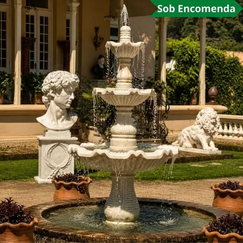 imagem de Fonte Para Jardim Externo Grande 3 Pratos em Mármore Branco 230cm - FMP221