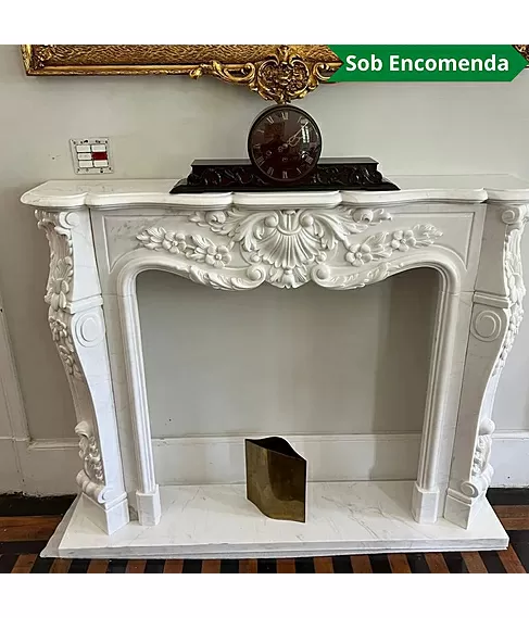 imagem de Lareira em Mármore Branco 150cm VRMP298 Sofisticada para Ambientes de Alto Padrão