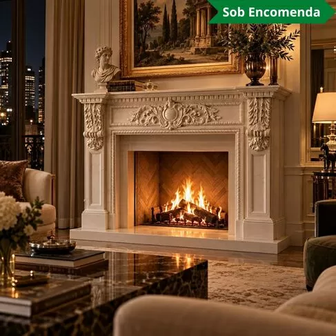 imagem de Lareira Ravena em Mármore Branco 113cm VRMP353 Elegante para Ambientes de Alto Padrão 