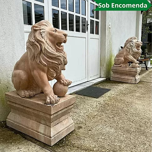 imagem de Par de Esculturas de Leões em Mármore Rosa 100cm EMP446 Elegância e Sofisticação