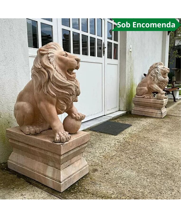 imagem do produto Par de Esculturas de Le�es em M�rmore Rosa 100cm - EMP446