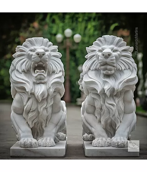 imagem de Par de Leão Sentado 140cm Mármore Branco - EMP462