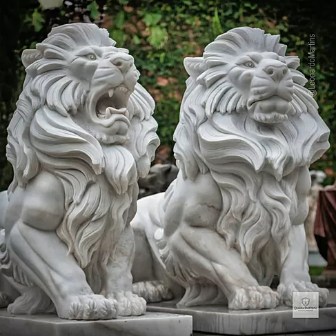 imagem de Par de Leão Sentado 140cm Mármore Branco EMP462 Elegância e Sofisticação