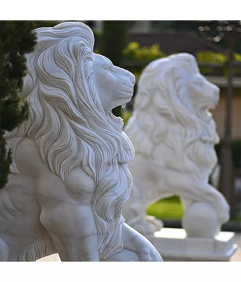 imagem de Par de Leões com  Bola 200cm Mármore Branco - EMP464