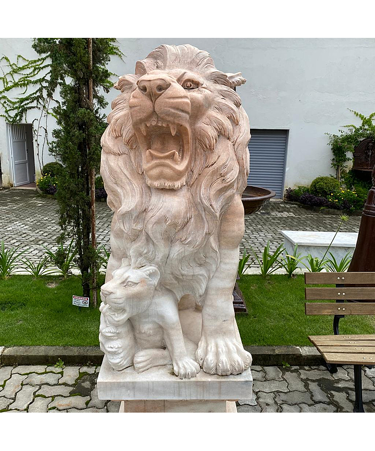 imagem do produto Par de Le�es com Filhote 180cm em M�rmore Rosa com Base EMP451 Nobreza e Exclusividade