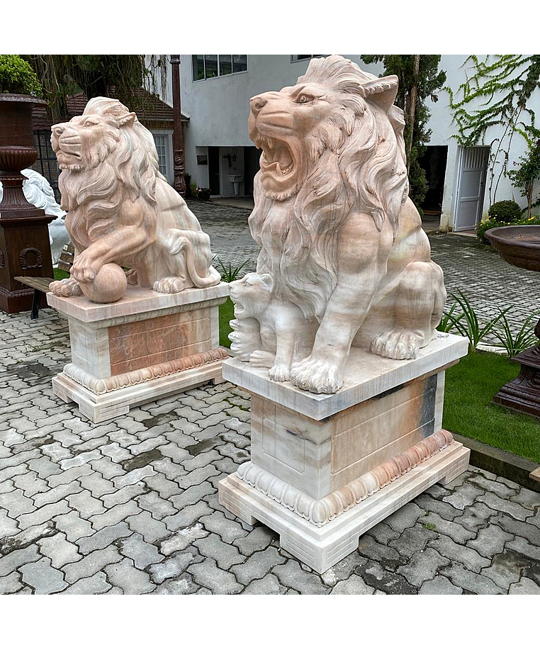 imagem do produto Par de Le�es com Filhote 180cm em M�rmore Rosa com Base EMP451 Nobreza e Exclusividade