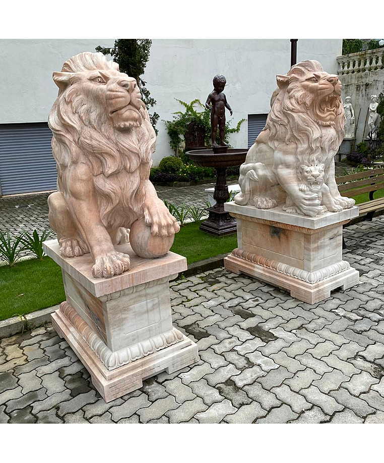 imagem do produto Par de Le�es com Filhote 180cm em M�rmore Rosa com Base EMP451 Nobreza e Exclusividade