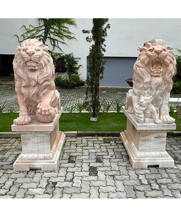 imagem do produto Par de Le�es com Filhote 180cm em M�rmore Rosa com Base EMP451 Nobreza e Exclusividade