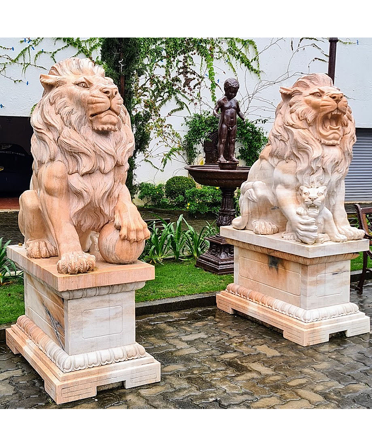 imagem do produto Par de Le�es com Filhote 180cm em M�rmore Rosa com Base EMP451 Nobreza e Exclusividade