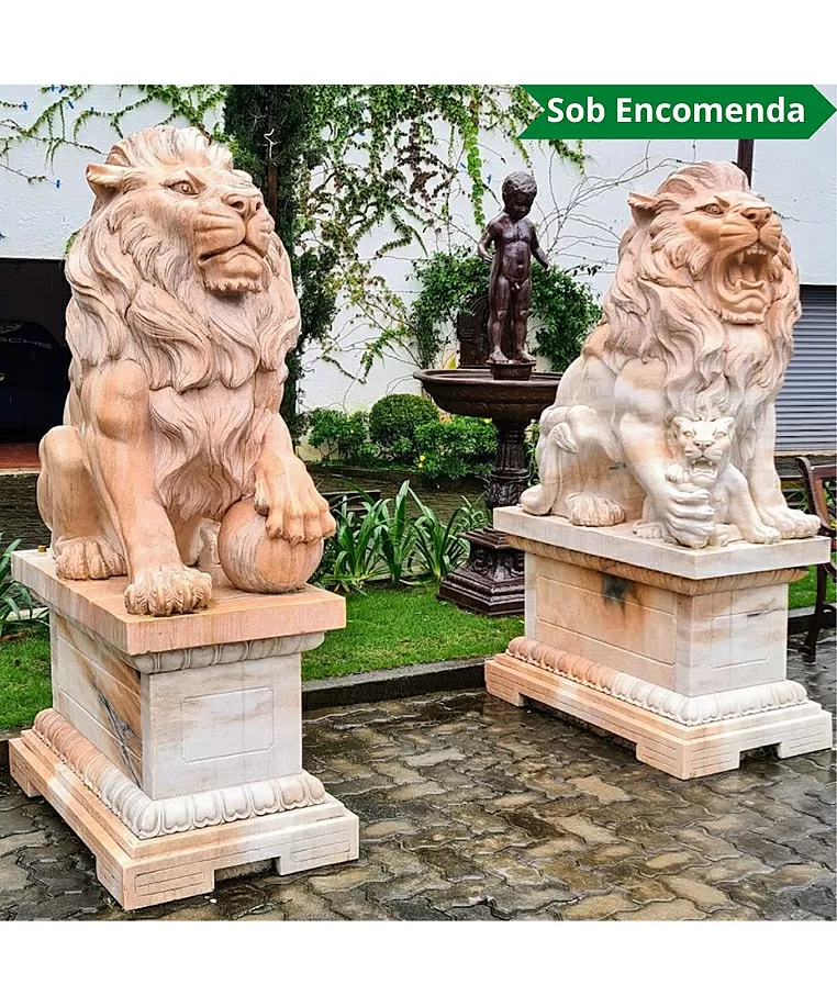 imagem do produto Par de Le�es com Filhote 180cm em M�rmore Rosa com Base EMP451 Nobreza e Exclusividade