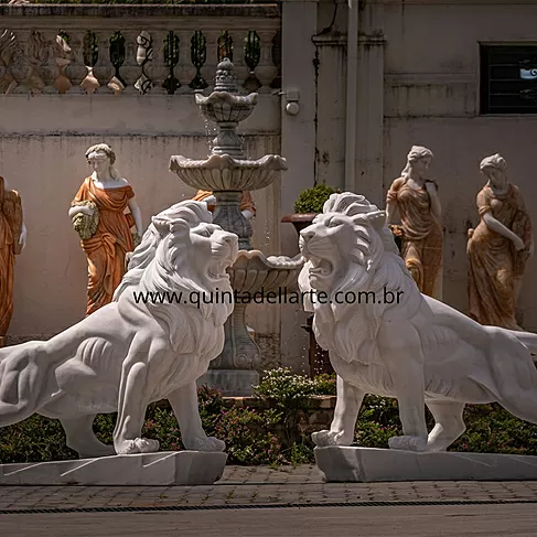 imagem de Par de Leões em Mármore Branco 150cm EMP546 Elegância e Presença