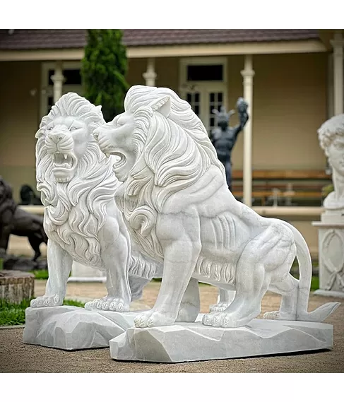 imagem de Par de Leões em Mármore Branco 155cm - EMP699 Escultura Imponente