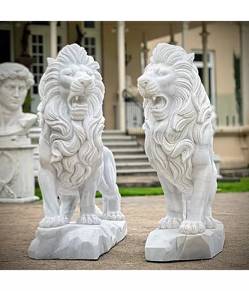 imagem de Par de Leões em Mármore Branco 155cm - EMP699 Escultura Imponente