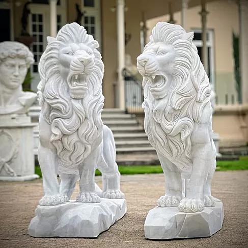 imagem de Par de Leões em Mármore Branco 155cm - EMP699 Escultura Imponente