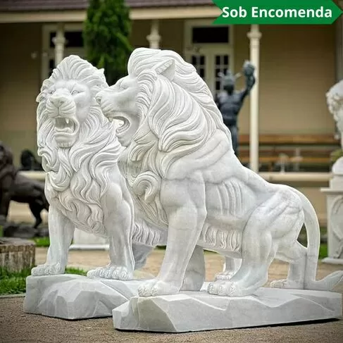 imagem de Par de Leões em Mármore Branco 155cm - EMP699 Escultura Imponente